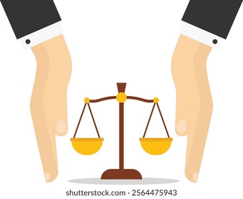 Social responsibility or integrity to earn trust. Weight scales justice hold in hand judge. Civil rights. Law and justice. Vector illustration flat style.

