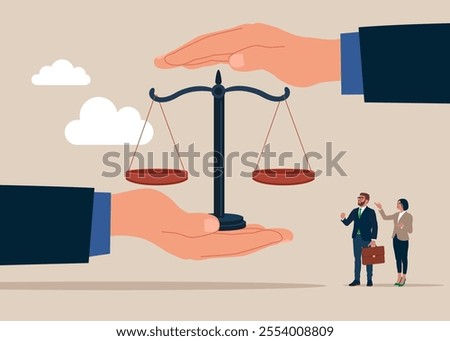 Social responsibility or integrity to earn trust. Weight scales justice hold in hand judge. Civil rights. Law and justice. Vector illustration flat style. 