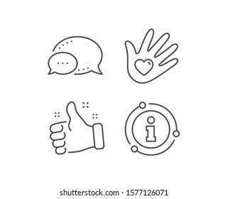 Social responsibility line icon. Chat bubble, info sign elements. Hand with heart sign. Charity symbol. Linear social responsibility outline icon. Information bubble. Vector