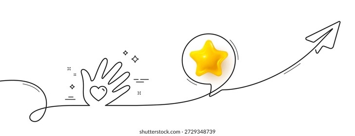Social responsibility line icon. Continuous line with share plane. Hand with heart sign. Charity symbol. 3d star in speech bubble. Social responsibility single line ribbon. Loop curve pattern. Vector