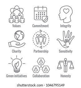 Social Responsibility Outline Icon Set With Honesty, Integrity, & Collaboration, Etc 