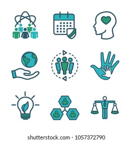 Social Responsibility Outline Icon Set with Honesty, integrity, & collaboration, etc 