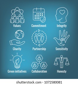 Social Responsibility Outline Icon Set with Honesty, integrity, & collaboration, etc 