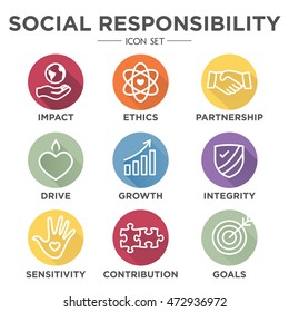 Social Responsibility Outline Icon Set - drive, growth, integrity, sensitivity, contribution, goals