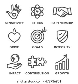 Social Responsibility Outline Icon Set - drive, growth, integrity, sensitivity, contribution, goals - Shutterstock ID 472936981