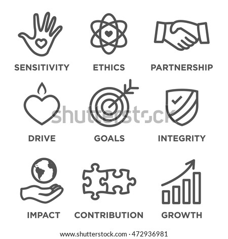 Social Responsibility Outline Icon Set - drive, growth, integrity, sensitivity, contribution, goals
