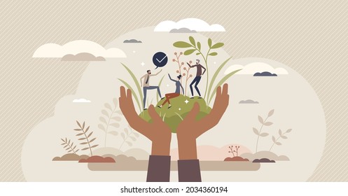 Social responsibility or protection with corporate ethics tiny person concept. Business strategy to save earth, respect resources and fair rights for everyone vector illustration. Ecological approach