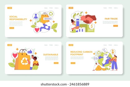 Social responsibility set. Brand values and ethical principles. Fair trade, sustainable practices, and carbon footprint reduction. Vector illustration.