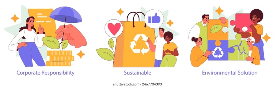 Social Responsibility set. Corporate ethics, sustainable practices, and environmental solutions strategies. Community engagement and eco-friendly initiatives. Vector illustration.