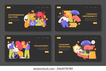 Social Responsibility set. Displays environmental, corporate, philanthropy, and consumer protection themes. Engaging and educational content. Vector illustration.