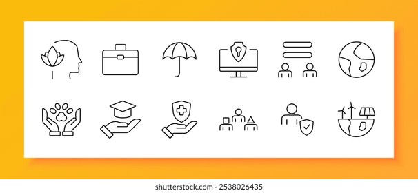 Social responsibility set icon. Mindfulness, briefcase, umbrella, cybersecurity, equality, global connection, animal care, education, healthcare, teamwork, user protection, sustainability