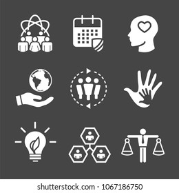 Social Responsibility Solid Icon Set with Honesty, integrity, collaboration, etc 