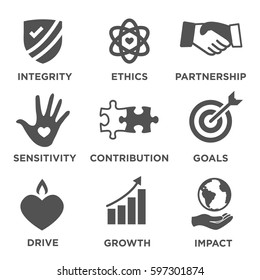 Social Responsibility Solid Icon Set with Impact, Ethics, Partnership, drive, etc