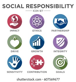 Social Responsibility Solid Icon Set With Impact, Ethics, Partnership, Drive, Etc
