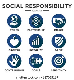 Social Responsibility Solid Icon Set with Impact, Ethics, Partnership, drive, etc