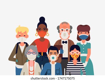 Social responsibility themed flat vector illustration: portrait of various social group representatives wearing individual protection equipment such as respiratory masks and gloves