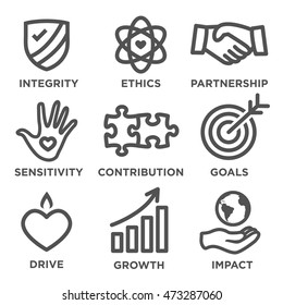 Social Responsibility Thick Outline Icon Set - Drive, Growth, Integrity, Sensitivity, Contribution, Goals