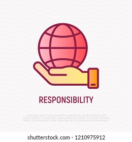 Social responsibility thin line icon: globe in hand. Modern vector illustration.