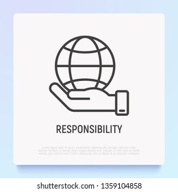 Social responsibility thin line icon: globe in hand. Modern vector illustration.