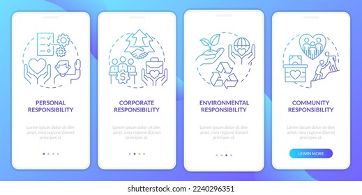 Social responsibility types blue gradient onboarding mobile app screen. Walkthrough 4 steps graphic instructions with linear concepts. UI, UX, GUI template. Myriad Pro-Bold, Regular fonts used