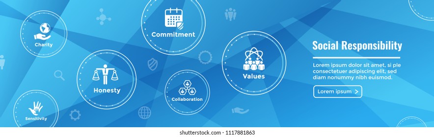  Social Responsibility Web Banner Icon Set and Web Header Banner with Honesty, integrity, collaboration, etc 