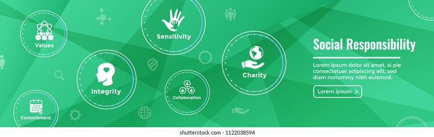  Social Responsibility Web Banner Icon Set and Web Header Banner with Honesty, integrity, collaboration, etc 