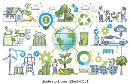 Social responsible investing and nature friendly funding outline concept. Elements with sustainable, environmental and green electricity source and renewable resources consumption vector illustration