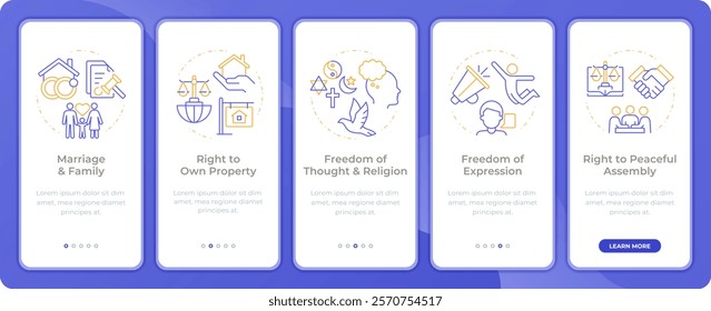 Social rights freedom app onboarding screens. Duo tone vector illustration. UI design flow. 5 steps walkthrough mobile interface slide layout