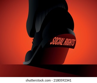 Social rights violation concept.  Big male shoe trampling on social rights writing. Abuse and bullying concept. Human right violation. Vector illustration