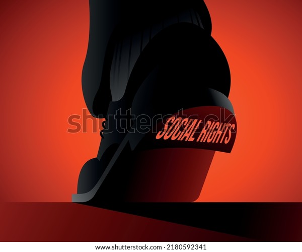Social rights violation concept.  Big male\
shoe trampling on social rights writing. Abuse and bullying\
concept. Human right violation. Vector\
illustration