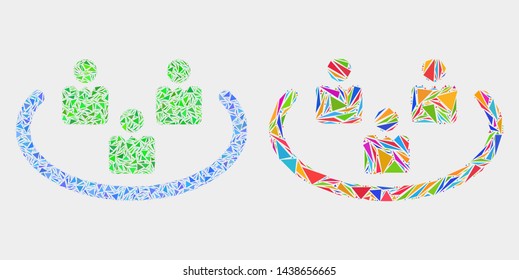 Social ring mosaic icon of triangle items which have different sizes and shapes and colors. Geometric abstract vector illustration of social ring.