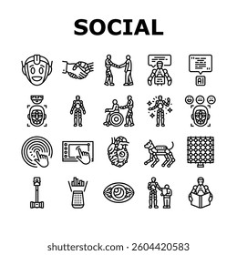 social robotics ai interaction icons set vector. automation, communication sensors, learning, emotion behavior, assistance, companion social robotics ai interaction black contour illustrations
