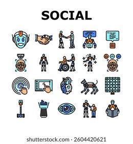 social robotics ai interaction icons set vector. automation, communication sensors, learning, emotion behavior, assistance, companion social robotics ai interaction color line illustrations