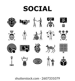 social robotics ai interaction icons set vector. automation, communication sensors, learning, emotion behavior, assistance, companion social robotics ai interaction glyph pictogram Illustrations