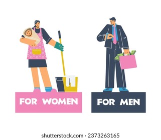 Social roles cartoon poster. Housewife in apron with baby and mop in hands. Businessman with a lot of money. Gender stereotypes concept. Vector illustrations female and male duties on white