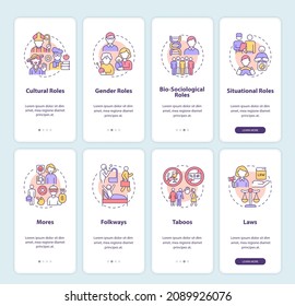 Social roles and norms set onboarding mobile app page screen. Personal activity set walkthrough 8 steps graphic instructions with concepts. UI, UX, GUI vector template with linear color illustrations