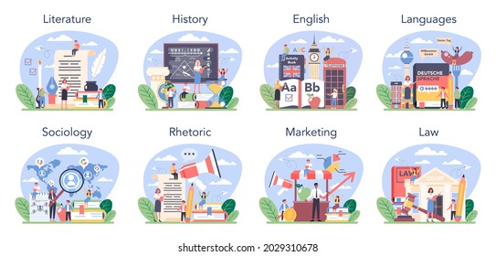 Social school subject or educational class set. Student studying social science. Modern school education system. History, literature, foreign languages, sociology. Isolated flat vector illustration