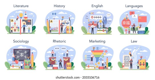 Social school subject or educational class set. Student studying social science. Modern school education system. History, literature, foreign languages, sociology. Isolated flat vector illustration