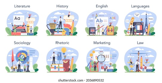 Social school subject or educational class set. Student studying social science. Modern school education system. History, literature, foreign languages, sociology. Isolated flat vector illustration