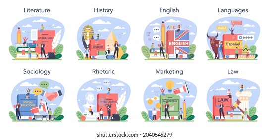 Social school subject or educational class set. Student studying social science. Modern school education system. History, literature, foreign languages, sociology. Isolated flat vector illustration