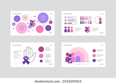 Ciencias sociales, conciencia social. Datos sobre mujeres. Plantillas de gráficos Abstractas. Diapositivas de presentación. Gráficos planos. archivos de Vector.