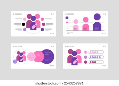 Ciencias sociales, conciencia social. Datos sobre mujeres. Plantillas de gráficos Abstractas. Diapositivas de presentación. Gráficos planos. Archivo de Vector.