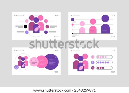 Social science, social awareness. Datas about women. Abstract charts templates. Presentation slides. Flat graphics. Vector file.