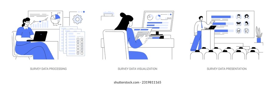 Social science big data abstract concept vector illustration set. Survey data processing and visualization, survey infographic presentation, opinion poll questionnaire abstract metaphor.