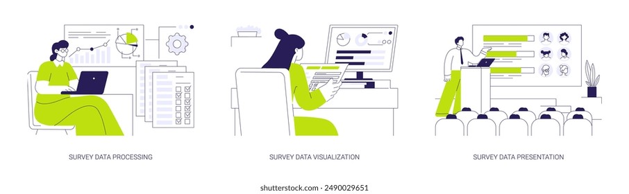 Social science big data abstract concept vector illustration set. Survey data processing and visualization, survey infographic presentation, opinion poll questionnaire abstract metaphor.