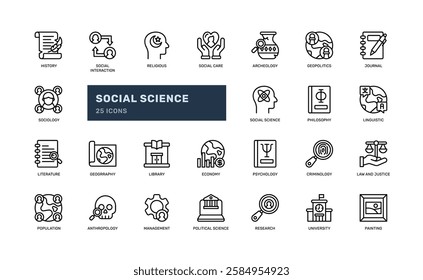 social science social education university literature detailed outline line icon set