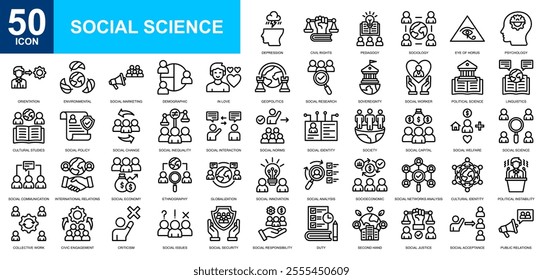 Social Science icon collection set. Social care, education, social justice, critical thinking, human thinking icon. Simple line vector.	