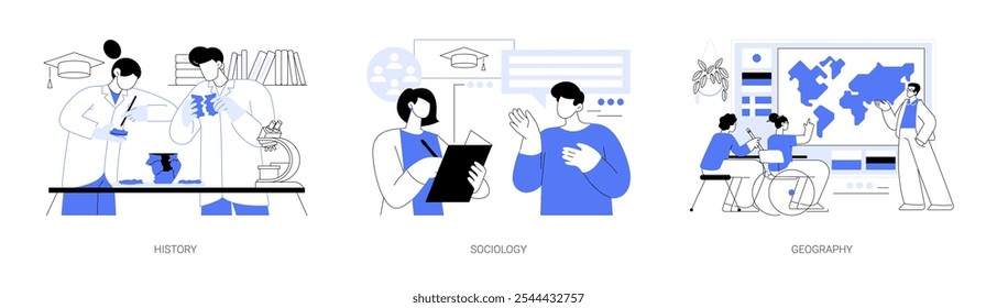 Social science isolated cartoon vector illustrations set. Study history, students explore old object in lab, conduct social surveys and interviews, get bachelor degree in geography vector cartoon.