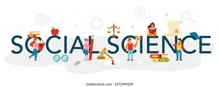 Social science typographic header. Students studying society, pattern of social relationship, social interaction, and culture.. Flat vector illustration