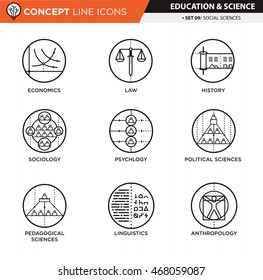 Iconos temáticos de las ciencias sociales utilizados para la educación escolar y universitaria y la decoración de documentos, vectores